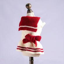 PETSIN 1pc Red And White Striped Knitted Pet Yarn Skirt, Fold Over Collar, Three-Dimensional Knitted Bow, Ruffle Edge Warm Dog Sweater, Suitable For Small Cats And Dogs In Autumn And Winter, Suitable For Daily Walking, Home, Christmas Dressing - burgundy strips - View 10
