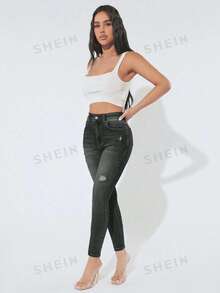 SHEIN PETITE 女款時尚休閒破洞緊身牛仔褲，適合嬌小女性 - 黑色 - 查看 4