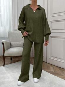 EURMUSE Rib Pattern Polo Neck Sweater And Pant 2pcs Set Everyday Olive Green Autumn Minimalist Casual - Army Green - View 6