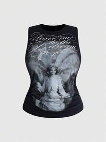 ROMWE Grunge Punk PUNK Street Blurred Silhouette English Cross Print Elastic Waist Ruched Plus Size Tank Top - Green - View 1