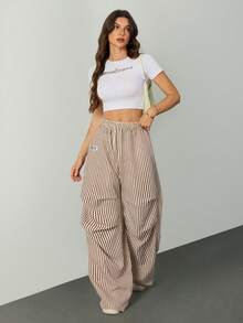 SHEIN Tall 女款夏季基礎條紋寬腿運動長褲，適合高個女性 - 卡其色 - 查看 3