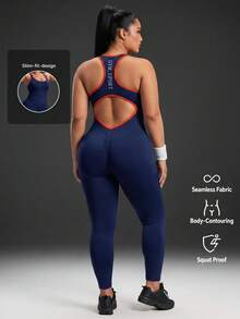 Powerista Women's Plus Size Letter Print Colorblock Casual Daily Travel Sports Jumpsuit - Blue - View 2