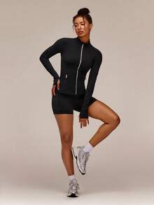 GLOWMODE FeatherFit™ Slim-It Streamline Performance Secure Pockets Zip Up Long Sleeve Jacket Low Impact Yoga Pilates Daily Spring Summer - Black - View 7