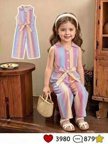 SHEIN Elladie kids 女童休閒度假百搭連身長褲，領口鈕扣前襟附腰帶，舒適柔軟皺褶丹寧風，適合秋季、野餐、出遊、姐妹穿搭、日常穿著 - 彩色 - 查看 2