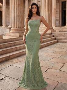 Coutiva Vestido de gala sin tirantes con patrón de encaje decorado con pedrería verde para mujer - Verde - Ver 6