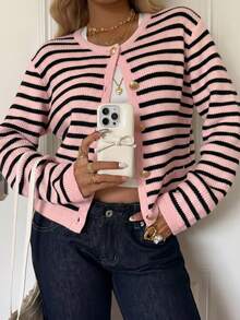 CovetEZ 女款條紋拼接色塊單排扣休閒日常開襟衫 - 粉色 - 查看 2