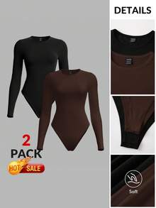 SHEIN BASICS 2件組/套 女款休閒素色針織圓領長袖連身衣 夏季女裝穿搭 - 棕色 - 查看 9