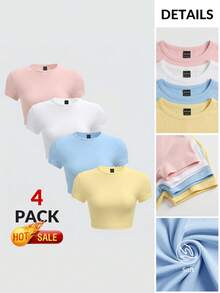 SHEIN BASICS 4件組休閒素色針織圓領短袖修身短版女款T恤夏季上衣 - 彩色 - 查看 3