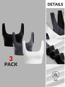 SHEIN BASICS 3件組女款休閒純色針織修身短版背心上衣，適合夏季 - 彩色 - 查看 3