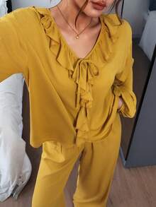 DAZY Women's Fashion Ruffle Long Sleeve Top And Casual Long Pants Pajama Set Fall - Yellow - View 5