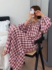 Livesso 女款簡約百搭格紋綁帶寬鬆休閒居家洋裝 秋季 - 紅色 - 查看 5