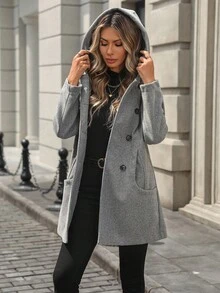 SHEIN PariChic Women's Double-Breasted Hooded Jacket, Casual Grey Long Coat For Autumn/Winter - Grey - View 3