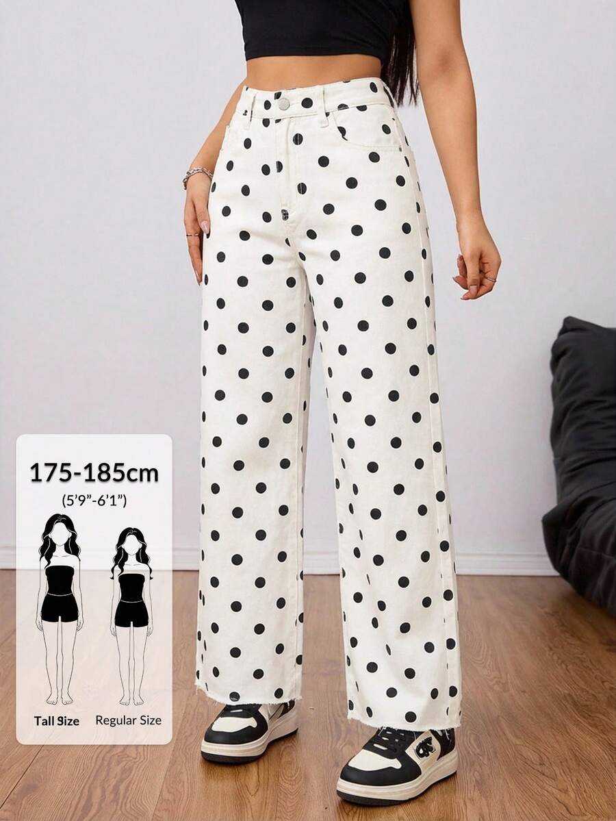 SHEIN Tall 女款波點圖案口袋寬腿寬鬆休閒牛仔褲,適合高個女性 - 黑與白 - 查看 1