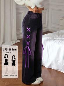 SHEIN Tall 女款高腰鏤空抽繩口袋寬腿鬆垮時尚牛仔褲，適合高個女性 - 紫色 - 查看 1