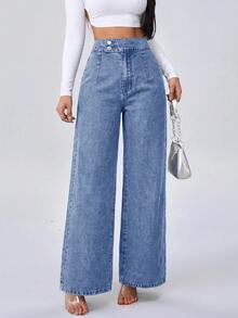 SHEIN ICON 女款鈕扣休閒街頭風百搭牛仔褲，牛仔女郎穿搭，藍色，適合日常穿著、返校、上班辦公、夏季 - 黑色 - 查看 6