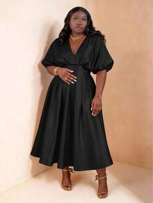 CurvyTilda Plus Size Women's Solid Color Pleated Elegant Satin Dress Black - Black - View 3