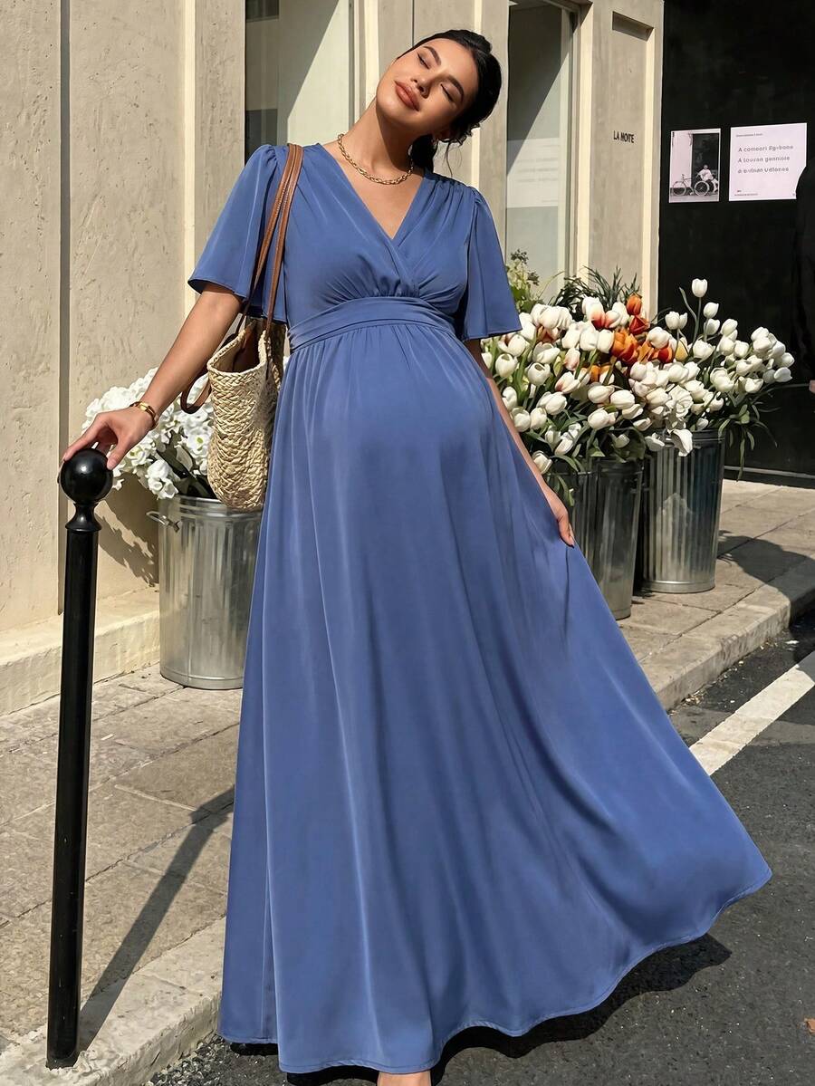 Momance Elegant Maternity Maternity Solid Color Side Slit Maternity Dress For Summer Photoshoot Dusty Blue Photoshoot - Blue - View 1