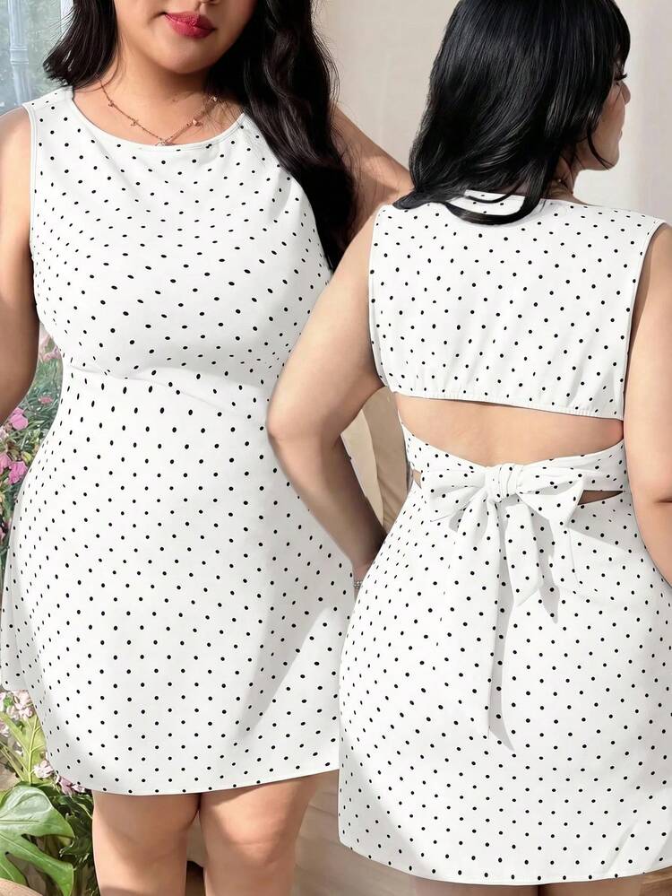 Comfortcana Plus Size Black And White Polka Dot Bow Back Round Neck Casual Elegant Sleeveless Dress, Spring/Summer Tea Party - White - View 8