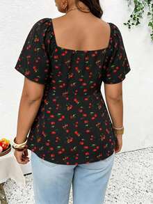 SHEIN Frenchy Casual Spring/Summer Cherry Print Off-Shoulder Drawstring Plus Size Women's Black T-Shirt, Vacation Top - Multicolor - View 2