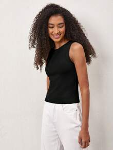 SHEIN BASICS Solid Slim Tank Top Summer Tops - Black - View 7