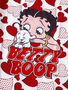 Betty Boop x SHEIN 女士圆领卡通字母印花休闲睡袍，适合日常穿着 - 紅白色 - 查看 4