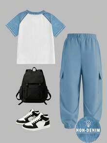 SHEIN 1 Set Minimalist Short Sleeve T-Shirt And Cargo Pants, Suitable For Little Boys Spring Summer Autumn Wear, Simple Casual Daily Style - Multicolor - View 2
