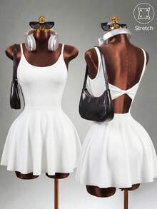 Mistrie Conjunto de vestido de tenis con diseño de nudo retorcido blanco y leggings, vestido deportivo para deportes - Blanco - Ver 1