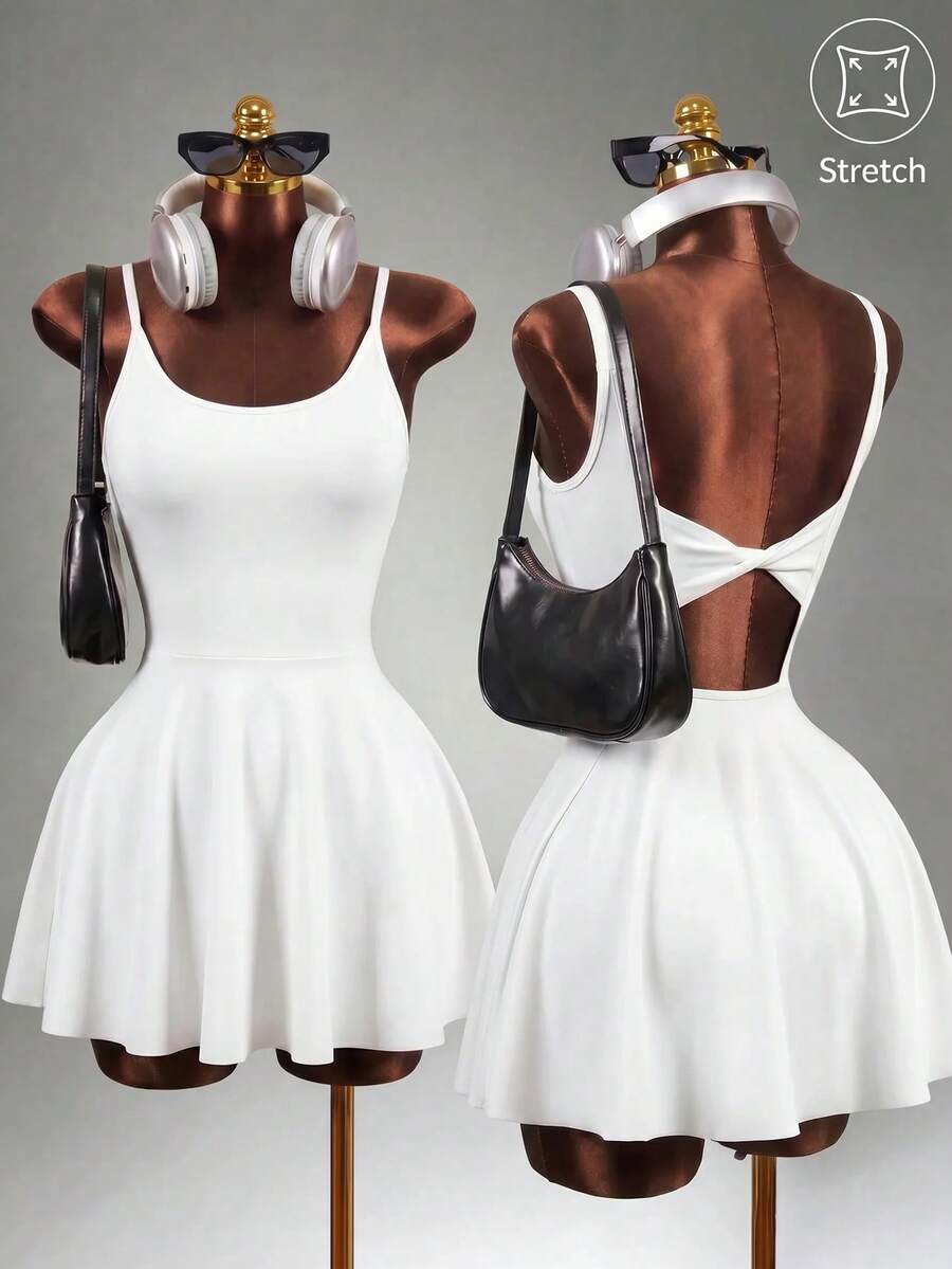 Mistrie Conjunto de vestido de tenis con diseño de nudo retorcido blanco y leggings, vestido deportivo para deportes - Blanco - Ver 1