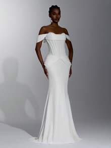 Elitara Elegant Luxurious Satin Off-Shoulder Ruched Bust Fan-Shaped Waist Pleats Flattering Belly Bodycon Mermaid Tail Long Skirt Style, Suitable For Wedding Ceremony, Celebration, Red Carpet Event, Luxury Reception And Evening Party, Outdoor Forest Beach, Multi-Occasion Bridal Gown, Wedding Dress, Wedding Guest Dress, Long Gown - White - View 7