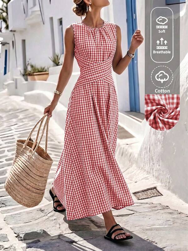 Louniche Women's Summer Blue & White Plaid Fabric Round Neck Cinched Waist Full Skirt Sleeveless Maxi Dress, Elegant & Sophisticated, Birthday Gift, Date, Party, Festival, Travel, Beach, Vacation, Street, Photo-Worthy, Summer Outfit, Summer Dress, Summer New Arrival, Must-Have Fashion Item, Niche Design, Versatile, Women's Casual Vacation Style Maxi Dress