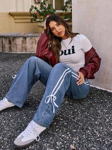SHEIN Tall 女款側條紋直筒寬鬆休閒牛仔褲 Y2K 織帶蝴蝶結，適合高個女性 - 中等水洗藍 - 查看 5