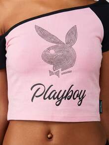 Missguided x Playboy 不对称露肩水钻图案T恤 单袖短款上衣 Y2K风格街头服饰 - 粉色 - 查看 5