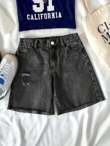 SHEIN Shorts vaqueros desgastados de tiro bajo con dobladillo deshilachado, estilo casual de primavera y verano para adolescentes, ideal para playa, vacaciones, boho, conciertos y festivales de verano - Negro - Ver 4