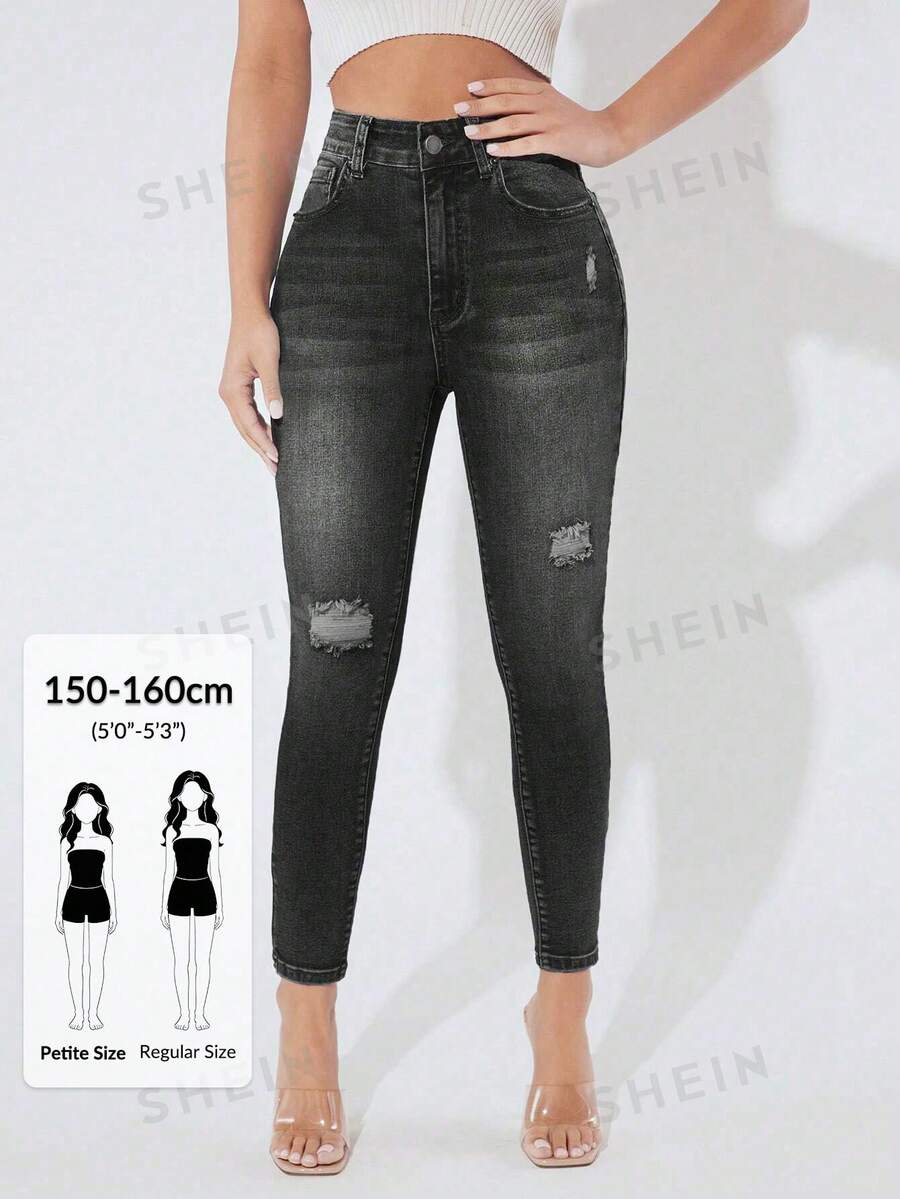 SHEIN PETITE 女款時尚休閒破洞緊身牛仔褲,適合嬌小女性 - 黑色 - 查看 1