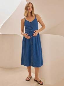 SHEIN Maternity Single-Breasted Casual Spaghetti Strap Denim Dress Autumn Navy Blue Fall Baby Shower Maternity Shoot - Dark Wash - View 10