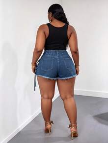CurvyTilda 大码女装夏季休闲时尚街头风毛边系带翻盖口袋牛仔短裙 - 藍色 - 查看 2