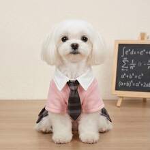 PETSIN 學院風格紋寵物校服洋裝，白色領口領結設計百褶裙小狗貓咪JK套裝，可愛小狗貓咪日常生日派對裝扮 - 彩色 - 查看 7