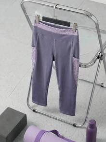 SHEIN Cheerettes Legging Olahraga Wanita Panjang 3/4 dengan Kantong dan Blok Warna - Purple - View 5