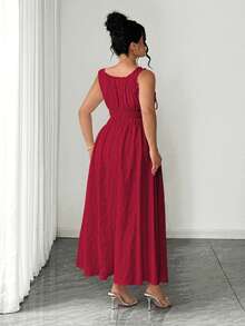Elenzga Damen-Sommerkleid in Große Größen, A-Linie, quadratischer Ausschnitt, Jacquard, geraffte Taille, ärmellos, mit Schleife, elegant, vintage, romantisch, für Hochzeitsgast, Party und Urlaub, Burgunderrot - Bordeaux - Übersicht 2