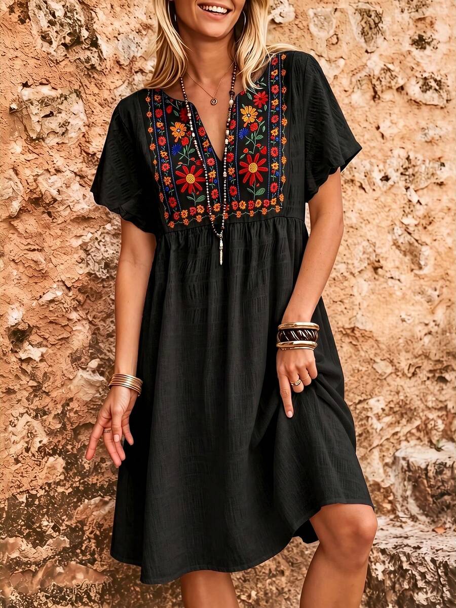 Linhara CURVE Spring/Summer Vacation Casual Commute Elegant Plus Size Faux Embroidery Print Dress - Black - View 1