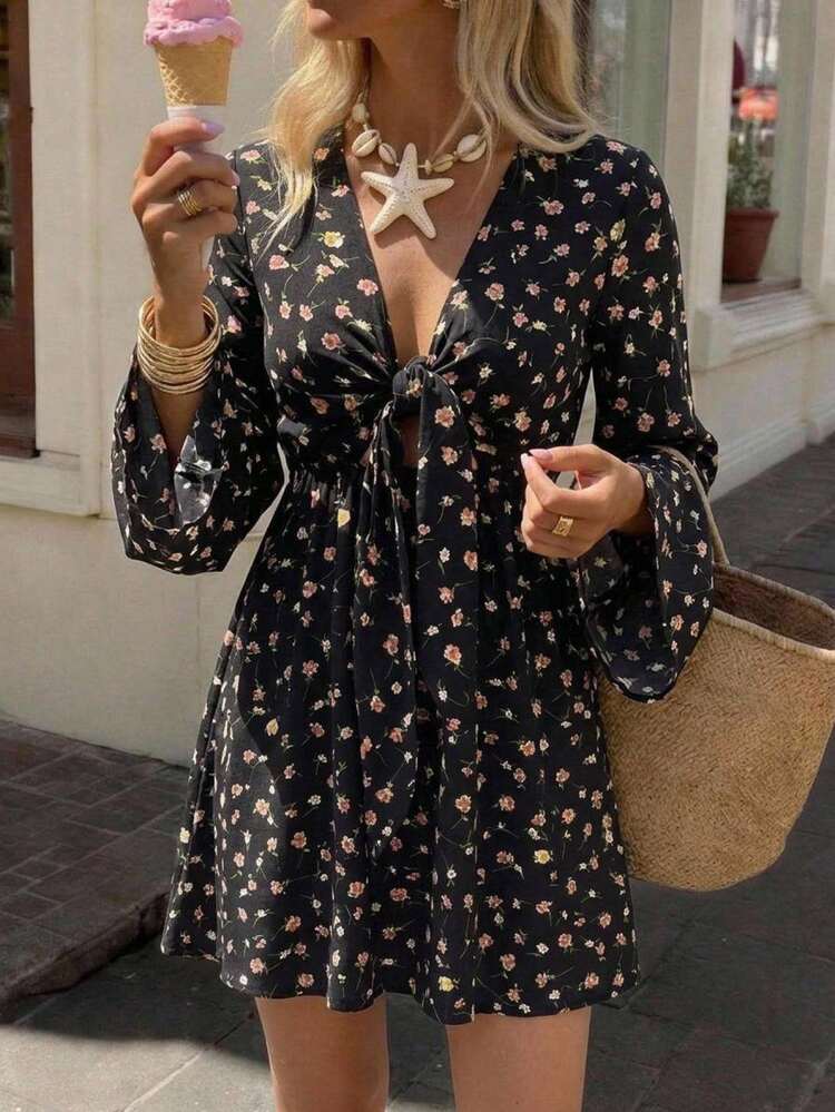 KARISMINA Women's Ditsy Floral Front Tie Bell Sleeve Fashion Bohemian Romantic Sexy Boho Casual Mini Dress Brunch Vacation Black Autumn - Black - View 8