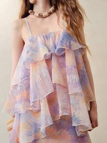 SHEIN Women's Tie-Dye Multi-Layer Ruffle Hem Fashion Spaghetti Strap Dress - Purple - View 3