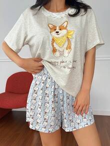 Livesso Happy Puppy Pattern Lace Patchwork Short Sleeve T-Shirt & Puppy All-Over Print Short Pajama Pants 2pcs Set, Summer Wear Women's Pajama Set - Grey - View 3