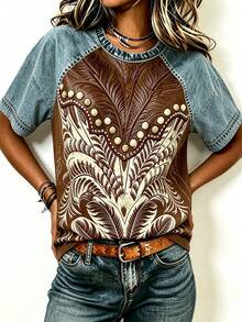 SHEIN LUNE Plus Size Women's Denim Effect Print Fashion Round Neck Short Sleeve Top - Multicolor - View 3