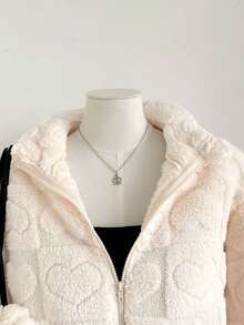 SHEIN Tween Girl Casual Versatile Heart Pattern Fuzzy Long Sleeve Stand Collar Jacket , Fall/Winter - White - View 5