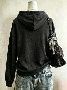 Lalippa 女款美式復古 NYC 3D 泡泡字體衛衣，做舊黑色寬鬆顯瘦懶人套頭運動衫 - 黑色 - 查看 2