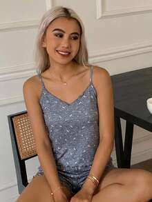DAZY 甜美碎花無袖背心與短款睡褲 2 件組，夏季女款睡衣 - 灰色 - 查看 12