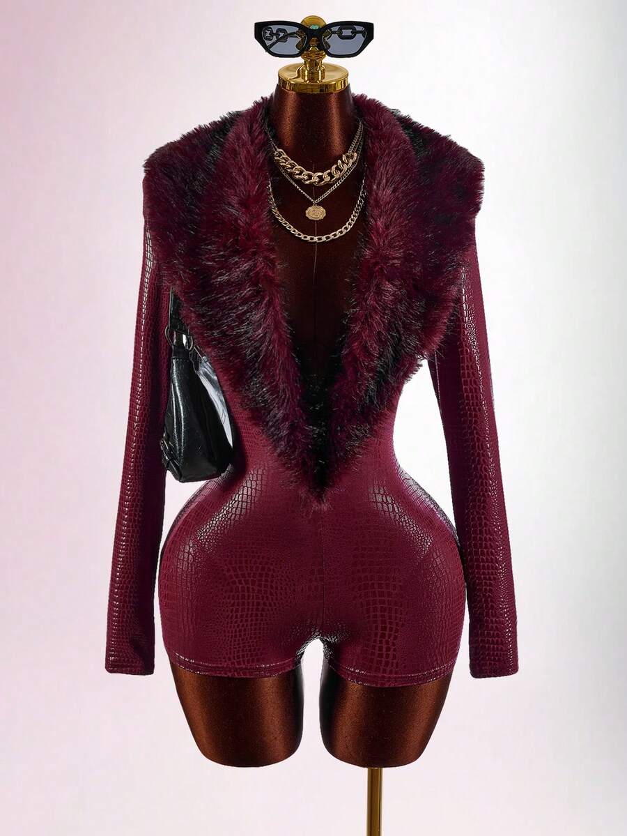 Amplova PU High Elastic Fabric Fitted Bodycon Fur Collar Patchwork Deep V-Neck Long Sleeve Tight Romper Unitard - Burgundy - View 1