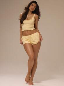 MUSERA Butter Yellow Lettuce Hem Ruffled Edge Bow Trim Cami Tank Top Only Daily Lingerie Sexy Cute Underwear Pajama Muse In Her Era - Yellow - View 5