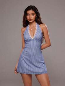 SHEIN Unity 春夏返校季女款大學風藍色條紋V領掛脖迷你洋裝 - 藍色 - 查看 4